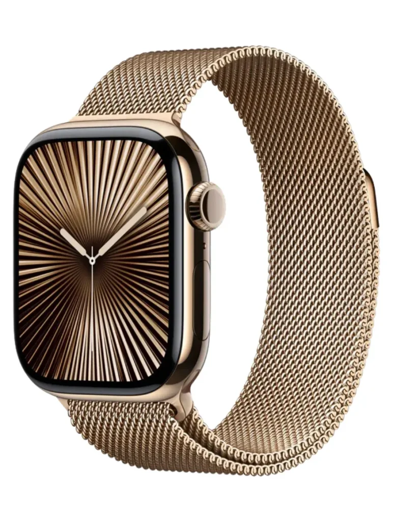 A gold-toned Apple Watch is shown with its screen displaying a radiating gold and black striped watch face. The watch is paired with a matching gold Milanese Loop band, creating a seamless and luxurious appearance.