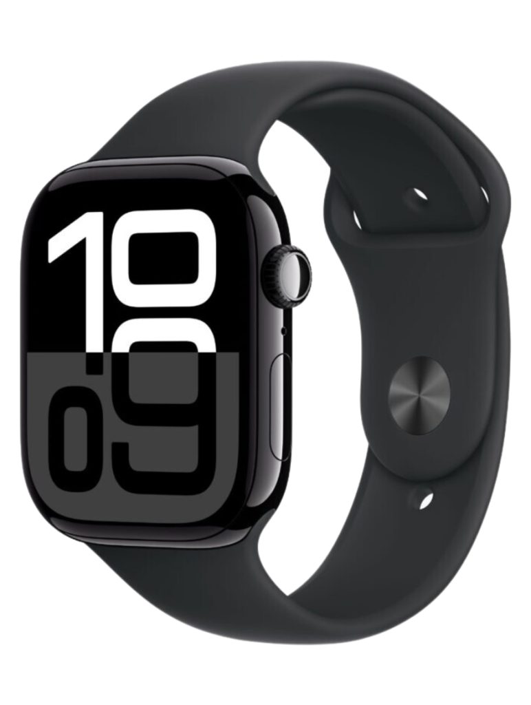 A black Apple Watch Series 10 with a black sport band. The watch face shows the time as 10:09