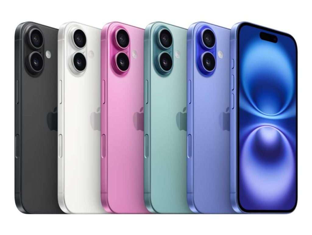 Stacked view of multiple Apple iPhone 16 models in various colors, including Black, White, Pink, Teal and Ultramarine, showcasing their sleek design and dual-camera layout on the back.