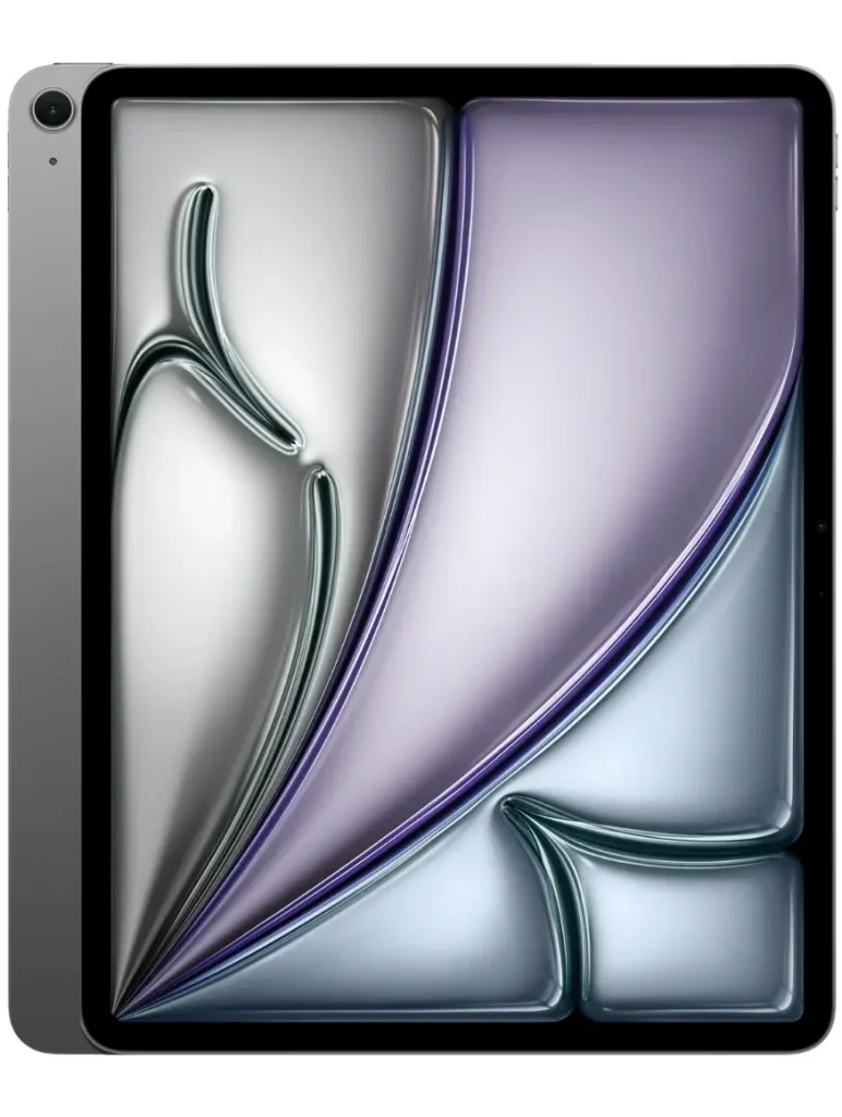 Space gray Apple iPad Air (13-inch, 2025) displaying a modern abstract wallpaper.