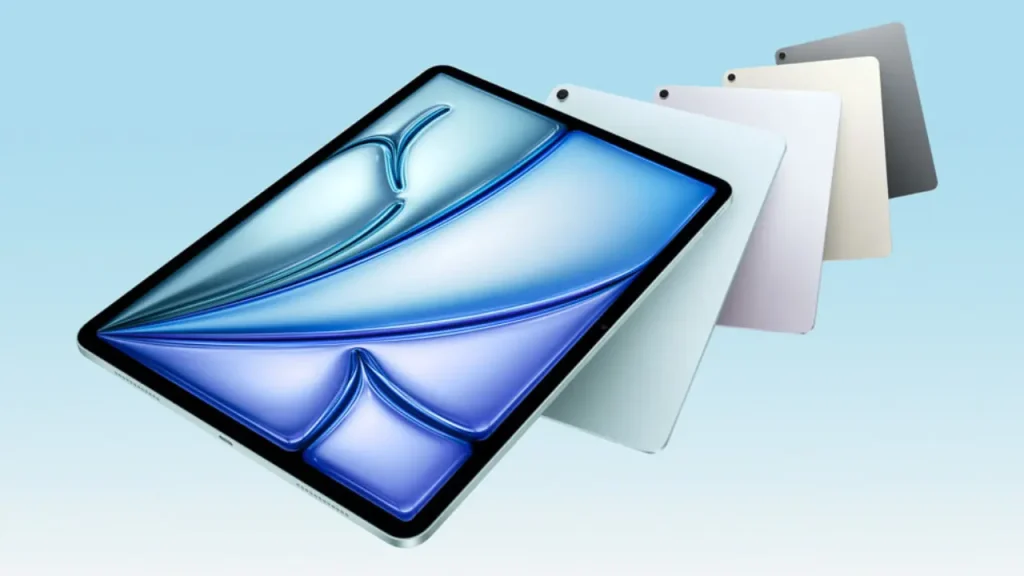 Apple iPad Air 13 (2025) in all color options arranged in a floating layout, showcasing the sleek rear design.