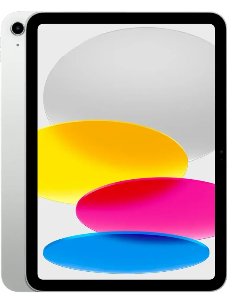 An image of the Apple iPad (10th generation) in silver, displaying a wallpaper with abstract, overlapping circles in shades of gray, yellow, pink, and blue. The front-facing camera is on the top bezel, and the rear camera is visible on the back.