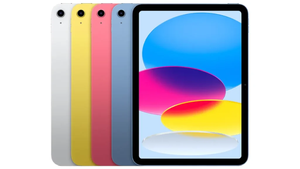 A row of five iPad (10th generation) devices are presented from left to right: silver, yellow, pink, blue, and a blue iPad displaying a colorful wallpaper. The wallpaper features overlapping translucent shapes in blue, pink, yellow, and white.