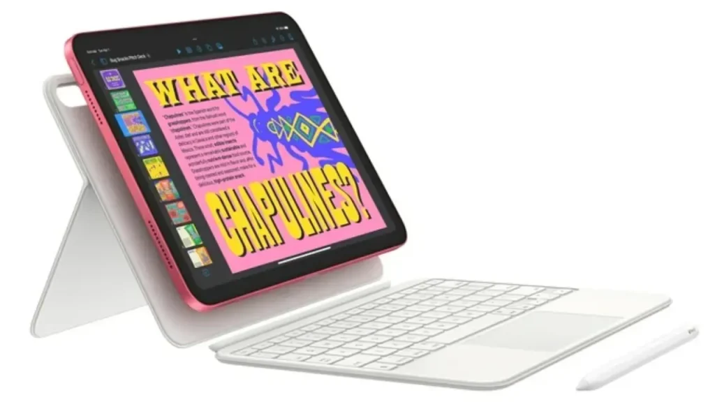 A pink iPad mini is set up with a white keyboard and stand, displaying information about "Chapulines." An Apple Pencil is nearby.