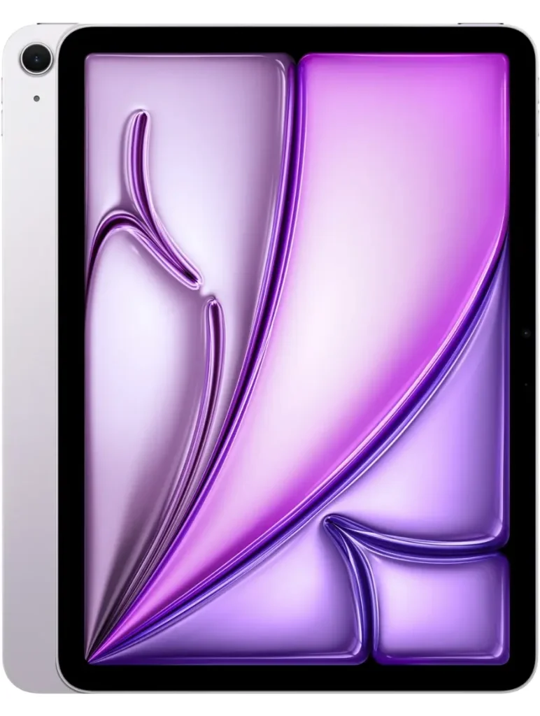 A silver Apple iPad Air 11 (2025) is displayed, showcasing its front screen with a flowing purple and white abstract design and a partial view of its back featuring the rear camera.