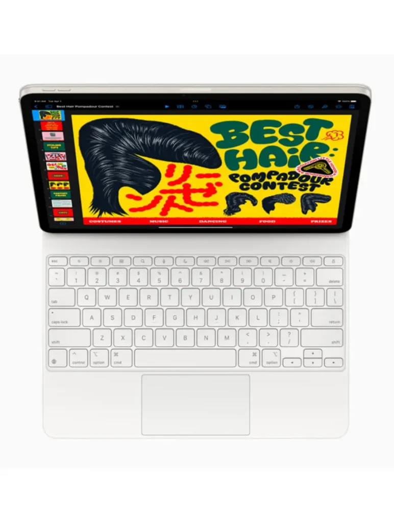 Apple's iPad Air 11 (2025) paired with a Magic Keyboard, emphasizing the keyboard's functionality and the iPad's display.