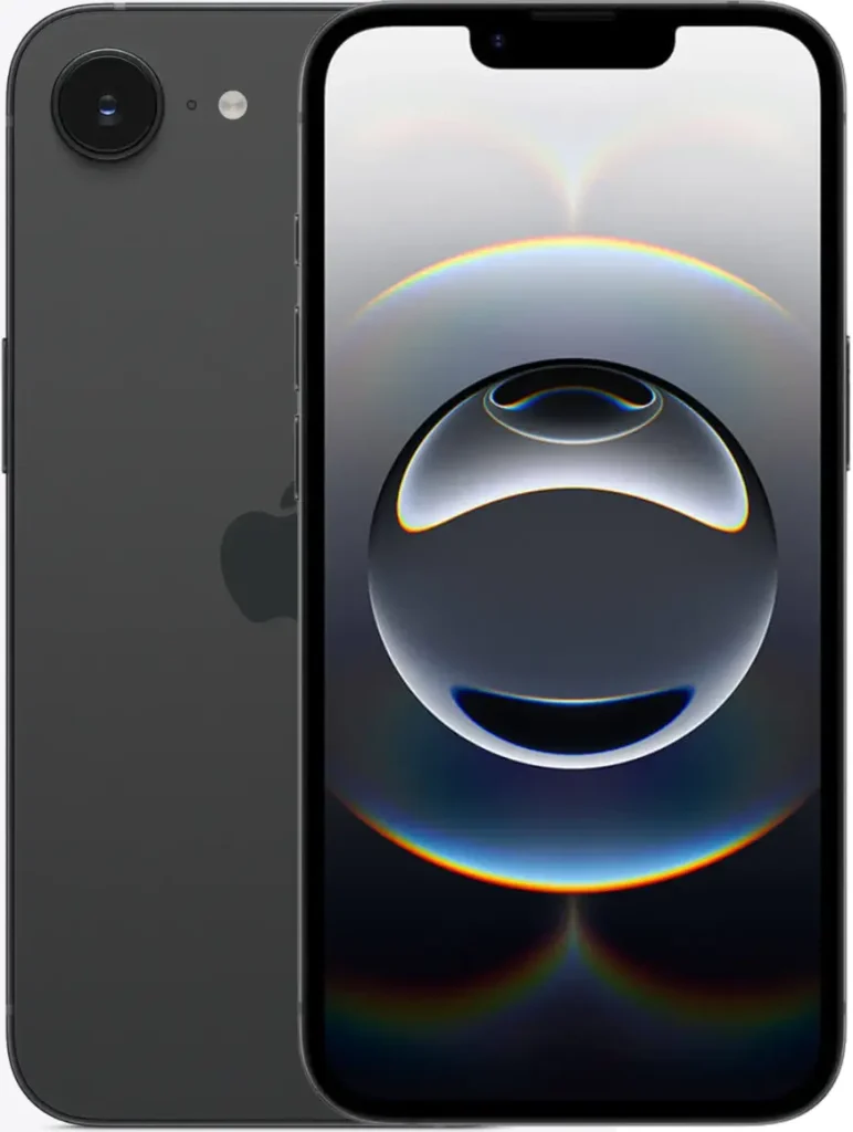 Front and back view of the Apple iPhone 16e in black, displaying the default wallpaper on the screen.