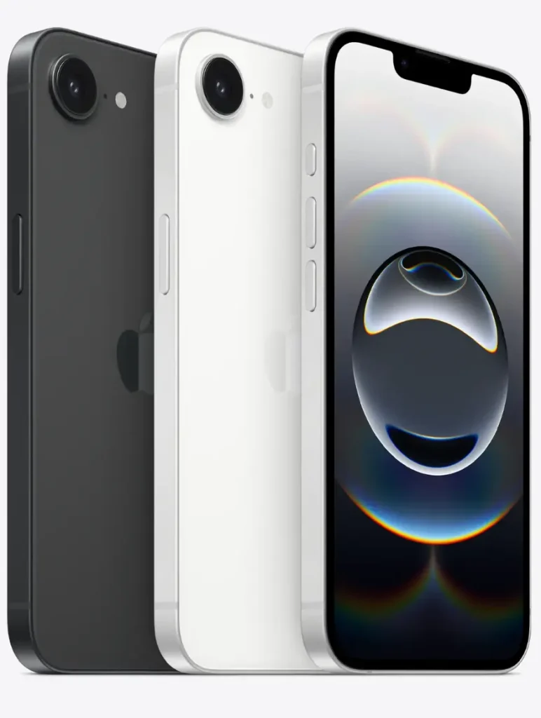 Apple iPhone 16e – black and white models side by side, showcasing sleek design, rear camera, and front display.