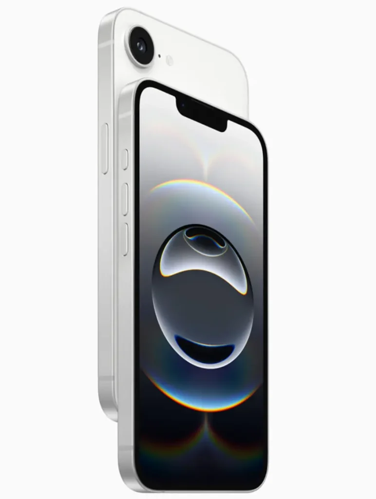 Sleek white Apple iPhone 16e featuring modern edge-to-edge display and minimalist single-camera back design.